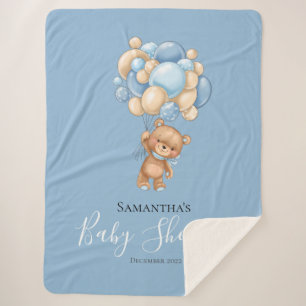 Teddy Bear Balloon Blue Sherpa Blanket Deken