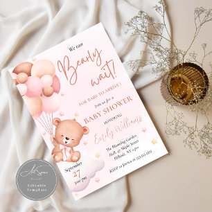 Teddy Bear Balloon Blush Waterverf Baby shower Kaart