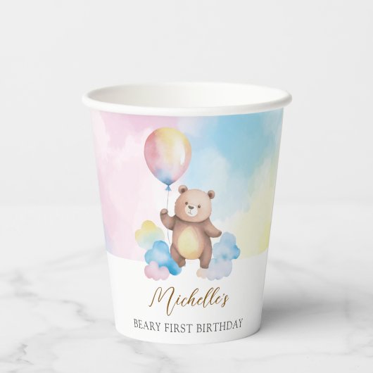 Teddy Bear Balloon Clouds Beary First Birthday Papieren Bekers (Achterkant)