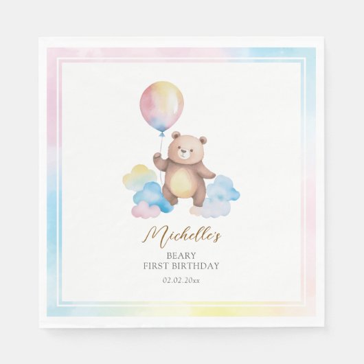Teddy Bear Balloon Clouds Beary First Birthday Servet (Voorkant)