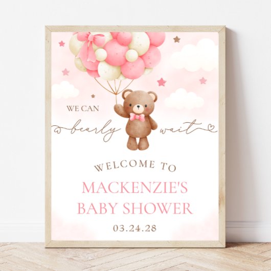Teddy Bear Balloon Girl Baby shower Affiche de bie