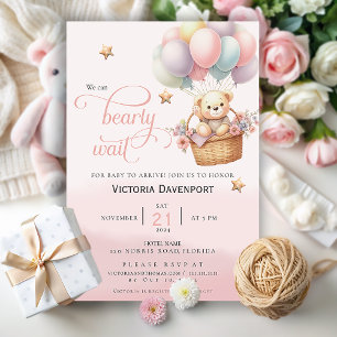 Teddy Bear Balloon Girl Baby shower Invitation Kaart