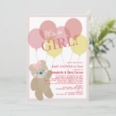Teddy Bear Balloon Pink Girl Baby shower per post Kaart (Staand voorkant)