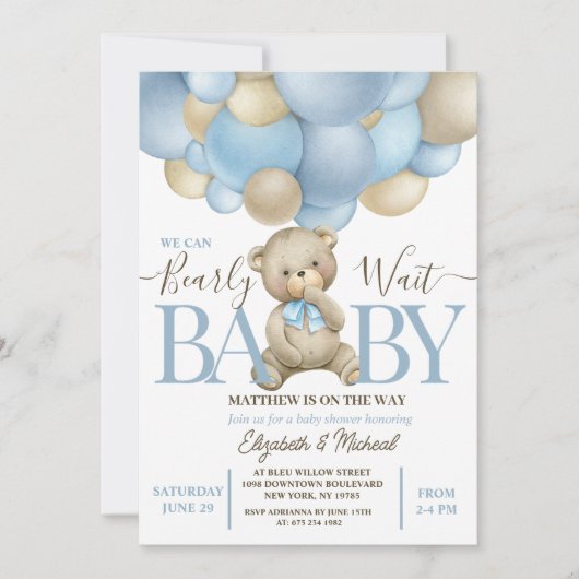 Teddy Bear Balloon Thema Baby shower Uitnodiging (Voorkant)
