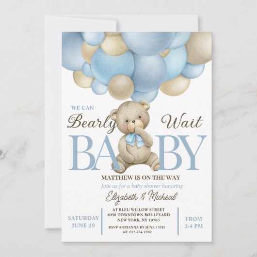 Teddy Bear Balloon Theme Baby Shower Invitation (Devant)