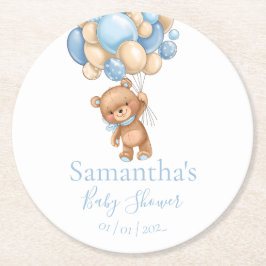 Teddy Bear Balloon White Blue baby shower Ronde Kartonnen Onderzetter