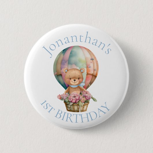 Teddy Bear Balloons 1st Birthday Button (Voorkant)