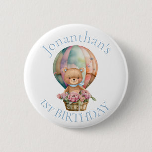 Teddy Bear Balloons 1st Birthday Button