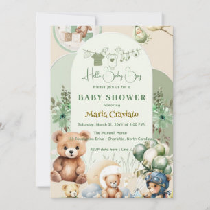 Teddy Bear & Balloons Baby Boy Shower Uitnodiging