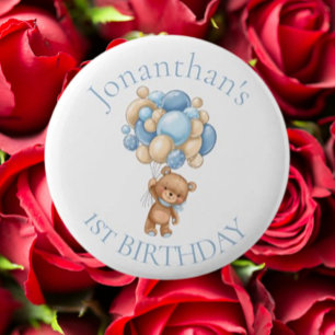 Teddy Bear Balloons Blue 1st Birthday Ronde Button 5,7 Cm