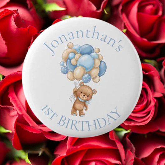 Teddy Bear Balloons Blue 1st Birthday Ronde Button 5,7 Cm