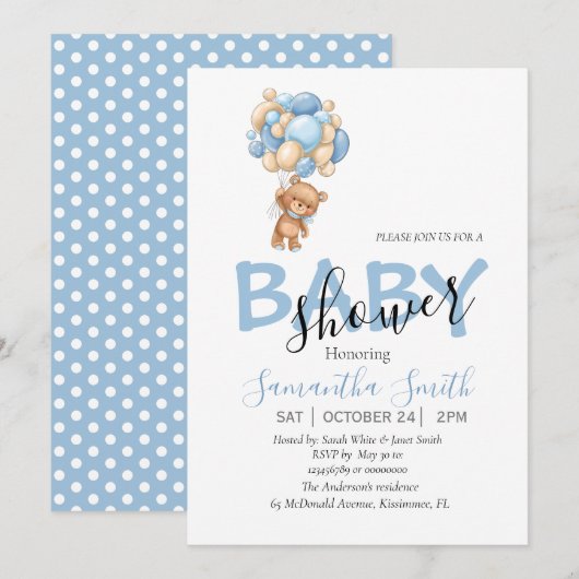 Teddy Bear Balloons Boy Baby shower Invitation (Devant / Derrière)
