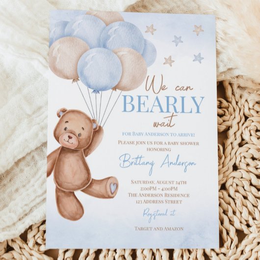 Teddy Bear Balloons Boy Baby shower Invitation
