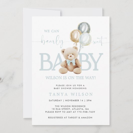 Teddy Bear Balloons Boy Baby shower Invitation (Devant)