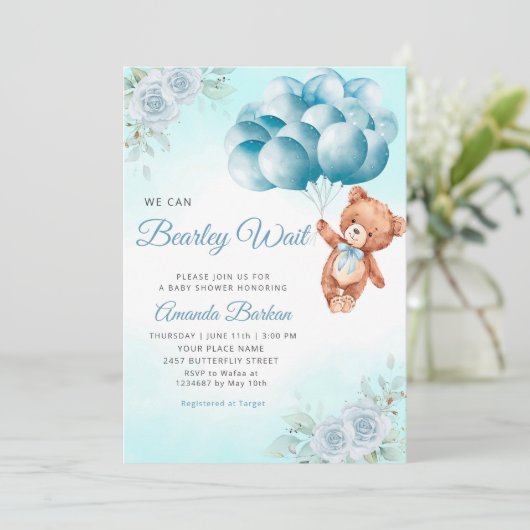 Teddy Bear Balloons Boy Barly Wait Baby shower Kaart (Staand voorkant)