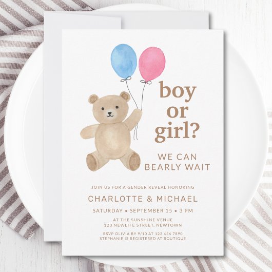 Teddy Bear Balloons Gender Reveal Kaart