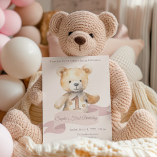 Teddy Bear Banner Meisjes Eerste Verjaardag Kaart