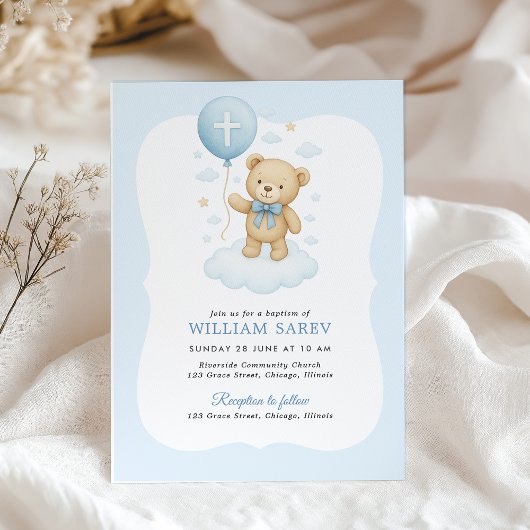Teddy Bear Baptism Invitation pour garçon