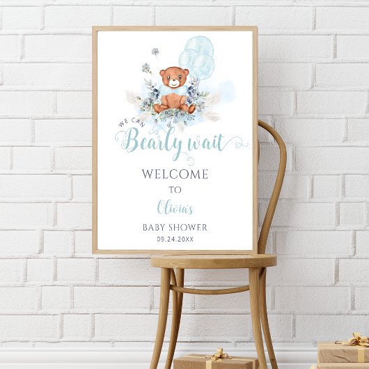 Teddy Bear Barly Wait Boy Baby shower Welkom Poster