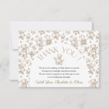 Teddy Bear Beige Toile Baby shower Bedankt Card