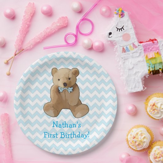 Teddy Bear blauw en wit gestreepte partij Bord (Feest)