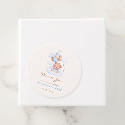 Teddy Bear Blauw Tan Balloons Jongen Baby shower Bedankjes Labels (In situ)