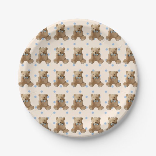 Teddy Bear Bleu et Tan Polka Dotée Assiette (Devant)