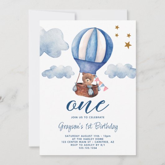 Teddy Bear Blue 1er Anniversaire Invitation (Devant)