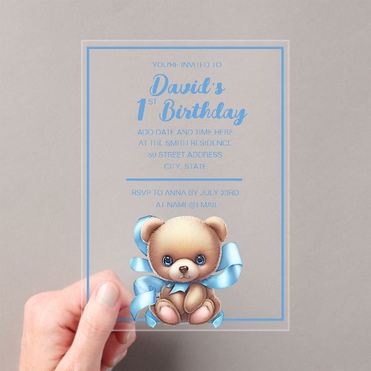Teddy Bear Blue Anniversaire Acrylique Invitation (In situ (ordinateur de poche))