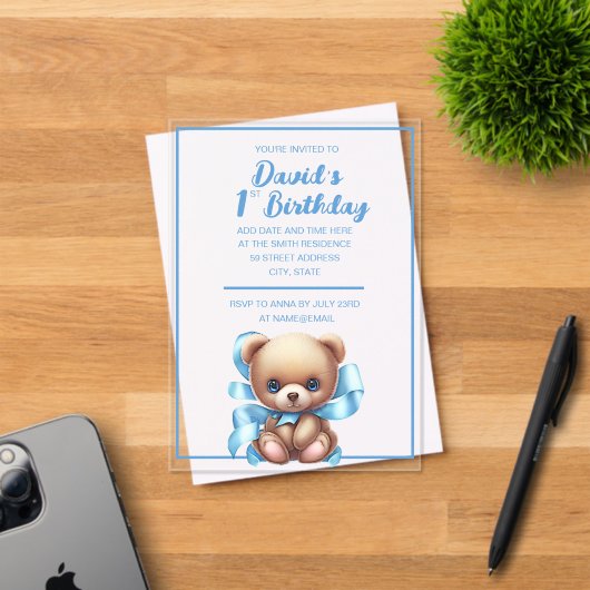 Teddy Bear Blue Anniversaire Acrylique Invitation (Insitu (Carte d'invitation))