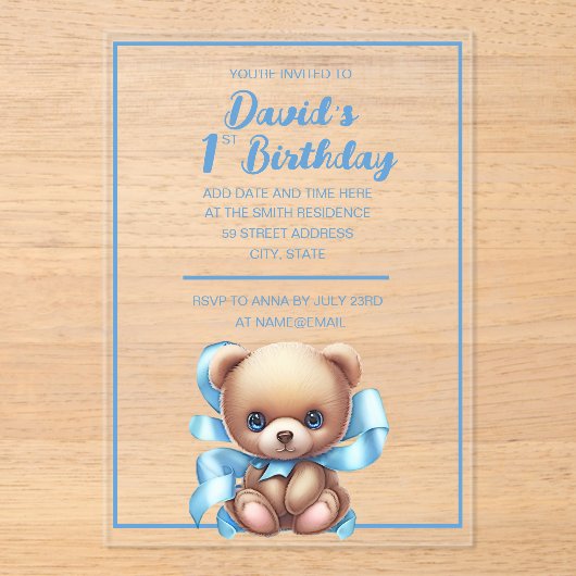 Teddy Bear Blue Anniversaire Acrylique Invitation (Recto)