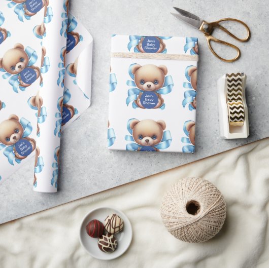Teddy Bear Blue Baby shower Cadeaupapier (Crafts)