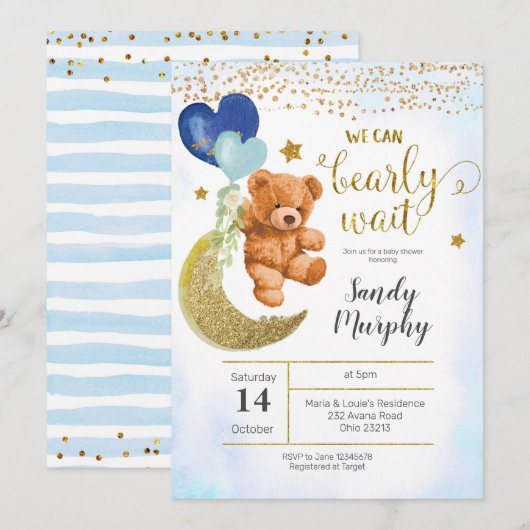 Teddy Bear Blue Baby shower Invitation Kaart (Voorkant / Achterkant)