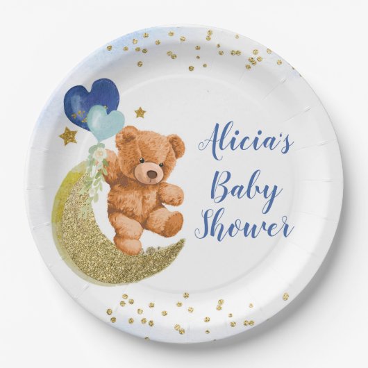 Teddy Bear Blue Ballon Baby shower Paper Bord (Voorkant)
