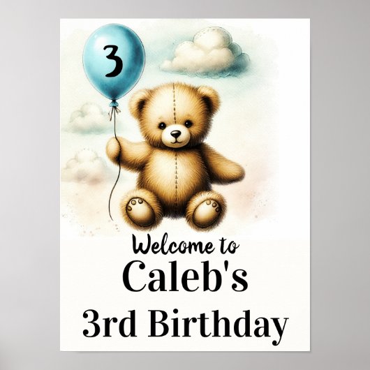 Teddy Bear Blue Balloon 1st Verjaardag Teken Poster (Voorkant)