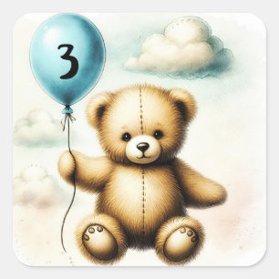Teddy Bear Blue Balloon 1st Verjaardagsfeest Vierkante Sticker