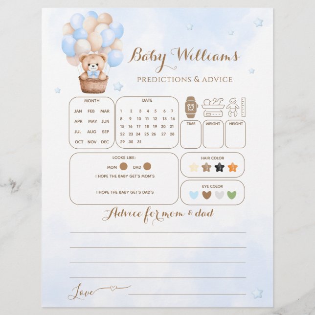 Teddy Bear Blue Balloon Baby Boy Guessing Game (Voorkant)