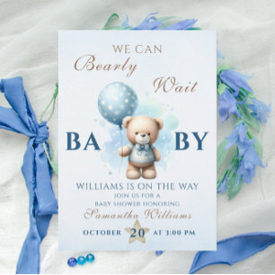 Teddy Bear Blue Balloon Baby shower Bearly Kaart
