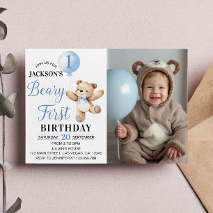 Teddy Bear Blue Balloon Beary Eerste Verjaardag Fo Kaart