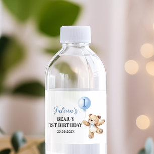 Teddy Bear Blue Balloon Beary Eerste Verjaardag Waterfles Etiket