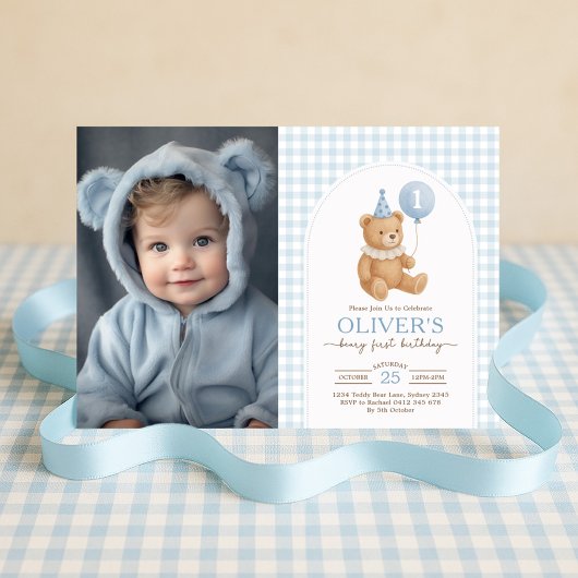 Teddy Bear Blue Balloon Beary First Birthday Photo Kaart