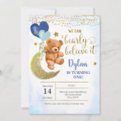 Teddy Bear Blue Balloon Boy Invitation Anniversair (Devant)