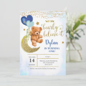Teddy Bear Blue Balloon Boy Invitation Anniversair (Debout devant)