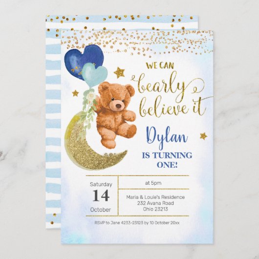 Teddy Bear Blue Balloon Boy Invitation Anniversair (Devant / Derrière)