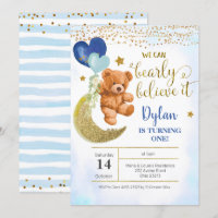Teddy Bear Blue Balloon Boy Invitation Anniversair