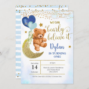Teddy Bear Blue Balloon Boy Invitation Anniversair