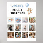 Teddy Bear Blue Balloon Eerste jaar Foto Mijlpaal Poster (Voorkant)