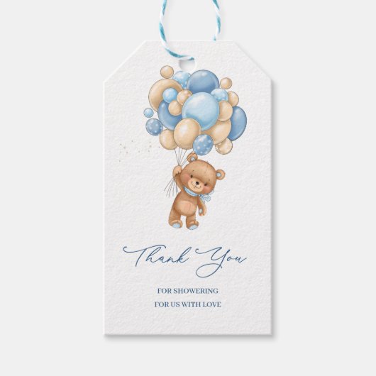 Teddy Bear Blue Balloons Baby shower Dank u Cadeaulabel (Voorkant)