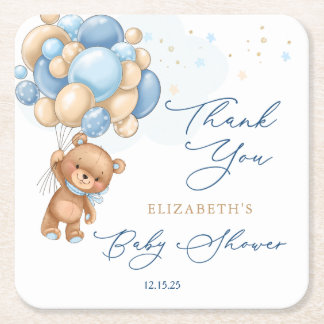 Teddy Bear Blue Balloons Baby shower Dank u Vierkante Kartonnen Onderzetter