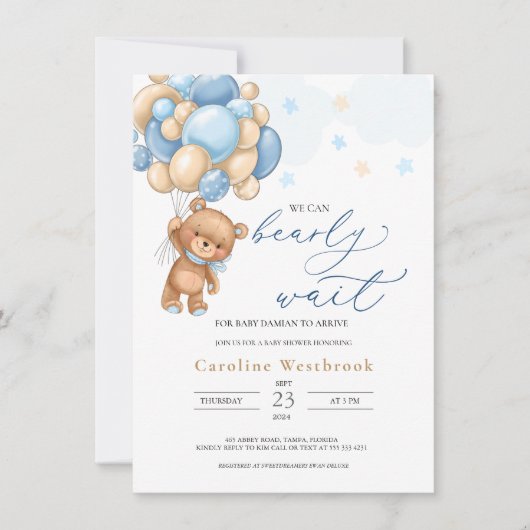 Teddy Bear Blue Balloons Baby shower Uitnodiging (Voorkant)